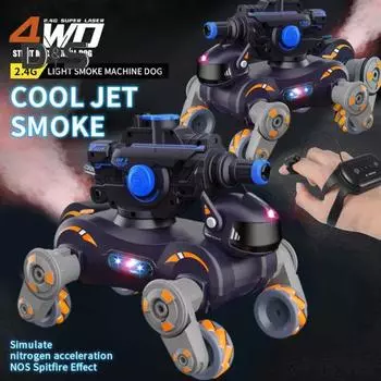 Радиоуправляемая трюковая механическая собака-машинка со светомузыкой, водяными бомбами, шутер, 8 колес, робот-собака, обучающая детская интерактивная электрическая машина с частотой 2,4 ГГц зелёный