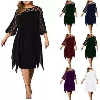 (радость выбирать)Модное женское сетчатое шифоновое ажурное двойное шифоновое платье больших размеров с рукавами 3/4 и рваным подолом L чёрный