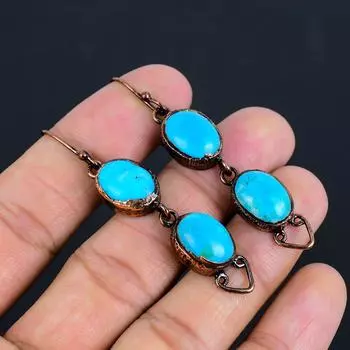 Радостные серьги ручной работы с бирюзовым драгоценным камнем, медные гальванопластиковые украшения для женщин 2.60 Inches синий