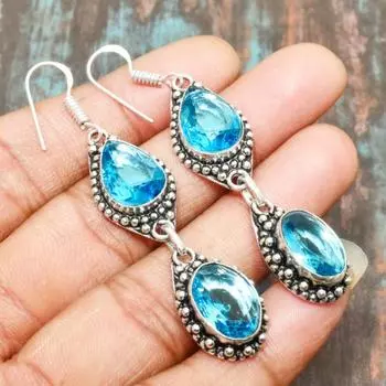 Радостные ювелирные серьги ручной работы из стерлингового серебра 925 пробы с драгоценным камнем из швейцарского голубого топаза для нее 2.56 Inches синий