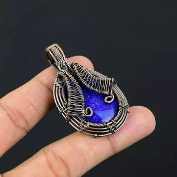 Радостный лазурит, драгоценный камень, чистая медная проволока, обернутая подвеской ручной работы, ювелирные изделия 2.17 Inches синий