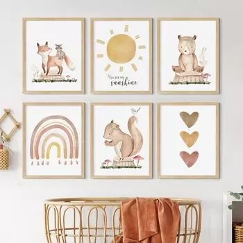 Радуга, белка, лиса, медведь, бохо, мультфильм, детская, скандинавская настенная живопись, холст, живопись, постеры и принты, фотографии, декор для детской комнаты 21*30cm
