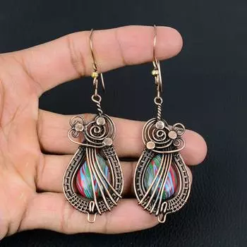 Радуга Calcilica драгоценный камень ручной работы из чистой медной проволоки ювелирные серьги на День Благодарения 2.36 Inches зелёный