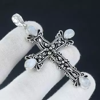 Радуга Лунный Камень Драгоценный Камень Лунный Камень Драгоценный Камень Ручной Работы Стерлингового Серебра 925 Крест Подвеска Для Подарков Подвеска Для Нее Для Женщин Ювелирные Изделия 2.95 белый