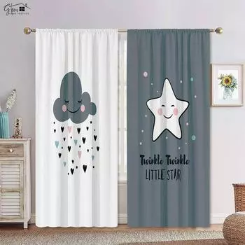Радуга Милые Облака Звезды Серый И Белый Цвет Сочетание Печатные Шторы Спальня Гостиная Детская Комната Декоративные Шторы W50xH130(CM)x2PCS&Grommet Top