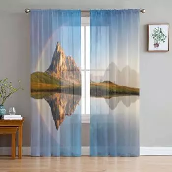 Радуга над горным озером, прозрачная занавеска для гостиной, спальни, вуаль, занавески для окон, занавески из органзы, вечерние тюлевые шторы 135W x 114H(cm)