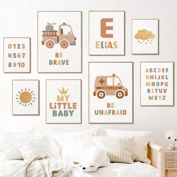 Радуга Облако Алфавит Цифра Пожарная Машина Машина Скорой Помощи Плакаты И Принты Холст Картины Настенные Картины Декор Детской Комнаты 21X30cm No Frame