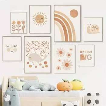 Радуга Пятнистый олень Кит Картина на холсте Цветы ромашки Настенные художественные картины Плакаты Бохо Детские цитаты Художественная печать Детская спальня Декор 21x30cm No Framed