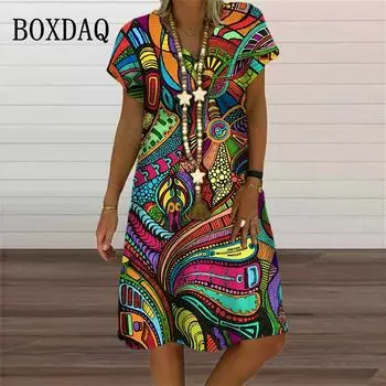 Радужная абстрактная живопись женское платье элегантная мода 3D принт короткий рукав вечерние платья летняя повседневная свободная одежда больших размеров S