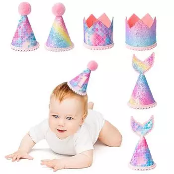 Радужная градиентная шапка с хвостом русалки и блестками для дня рождения для детей в возрасте от 1 до 3 лет, шапка с рыбьим хвостом, украшение на день рождения Colorful