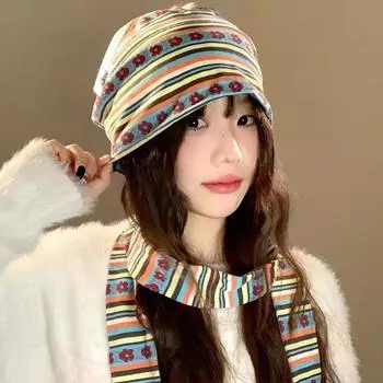 Радужная полосатая шапка-чехол для женщин, осенне-зимняя, ретро, универсальная, большая окружность головы, ветрозащитная, вязаная, головной убор, ограничивающая свободу движений M56-58cm