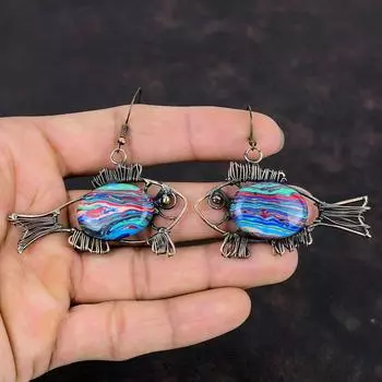 Радужная серьга Calsilica, медная проволочная обертка, серьги-рыбки, ювелирные изделия из драгоценных камней, медная серьга, обернутая проволокой, для подарков