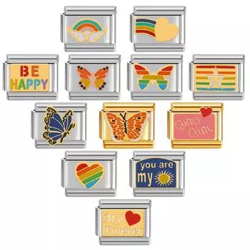 Радужная серия 9 мм Diy итальянский браслет из нержавеющей стали с бабочкой