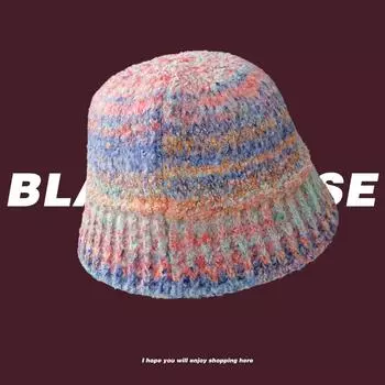 Радужная шерстяная шапка с постепенным изменением цвета, женская осенне-зимняя теплая вязаная шапка из смеси шерсти и чернил, ветровая шапка-ведро, мягкая шапка