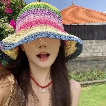 Радужная соломенная шляпа-козырек для детей, летняя, милая соломенная шляпа, пляжная, солнцезащитная шляпа, большие поля, панама M (56-58cm) striped edge
