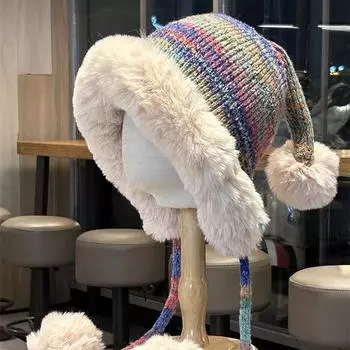 Радужная вязаная шапка для защиты ушей в этническом стиле, женская осенне-зимняя шапка с пуговицами, симпатичная бархатная теплая шапка Lei Feng, универсальная шапка-пуловер M56-58cm