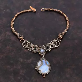 Радужное ожерелье из лунного камня, ожерелье из медной проволоки, ювелирные изделия из натуральных драгоценных камней, элегантное ожерелье ручной работы, ювелирное изделие из медной проволоки, подарок для нее