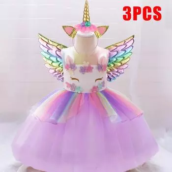 Радужное платье с единорогом для маленьких девочек, кружевное платье принцессы с пастельными цветами и 1-м днём рождения, платье для девочек, детский костюм с единорогом на Хэллоуин 6-9M светло-фиолетовый