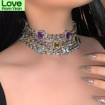 Радужное полное ледяное ожерелье-чокер Miami Curb Cuban с геометрическим квадратным кристаллом, массивное толстое ожерелье-воротник, ювелирные изделия розовый