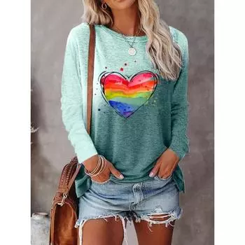 Радужные цвета сердечный принт женская футболка графические рубашки блузка с длинным рукавом укороченный топ женская одежда больших размеров женская S