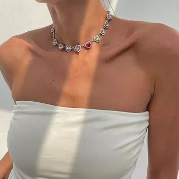 Радужные цветные стразы чокер ювелирные изделия ключичная цепочка романтическая любовь сердце ожерелья подарки серебряный