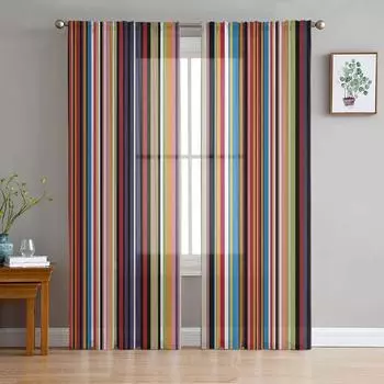 Радужные геометрические полосы тюлевые шторы для гостиной, кухни, украшения шифоновые оконные шторы из вуали W135 x H115cm x1&Rod Pocket