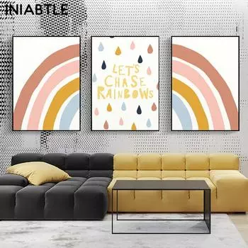 Радужные капли дождя, мультяшные постеры, принты, картина на холсте, настенная живопись для детской комнаты, картина для детской комнаты, скандинавский декор для детской спальни 21cm30cm NoFrame