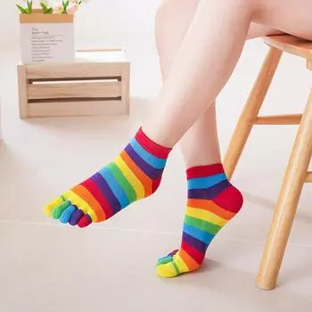 Радужные носки с раздельными пальцами Женские Дамские Девичьи Разноцветные Полосатые Носки с 5 пальцами Хлопок Яркий цвет Молодежная Мода Веселые Носки с пальцами EU 35-40