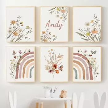 Радужные полевые цветы, бабочки, бохо, детская комната и принты, настенная живопись на холсте, постеры на скандинавскую тему, фотографии, декор для детской комнаты 21x30cm No Framed