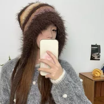 Радужные полоски, цветная плюшевая защитная шапка для ушей, женская корейская версия новой осенне-зимней теплой вязаной шапки