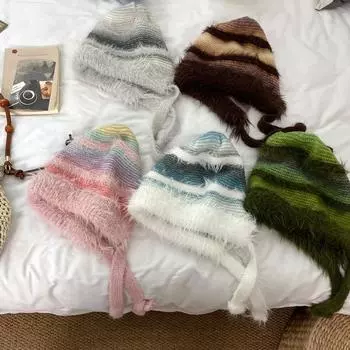 Радужные полоски, цветная плюшевая защитная шапка для ушей, женская корейская версия новой осенне-зимней теплой вязаной шапки