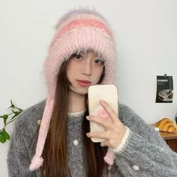 Радужные полоски, цветная плюшевая защитная шапка для ушей, женская корейская версия новой осенне-зимней теплой вязаной шапки
