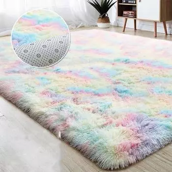 Радужные пушистые коврики Противоскользящие лохматые коврики для столовой Коврик для дома Спальня 40cm by 60cm холодный белый