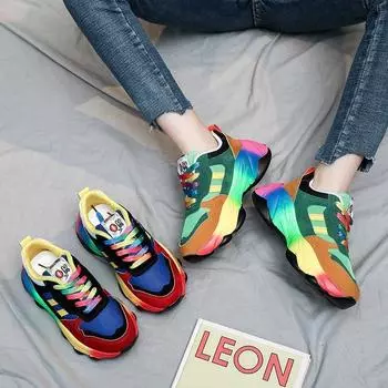 Радужные разноцветные массивные кроссовки, женская обувь на шнуровке, сетчатая толстая подошва, большие размеры 35 синий