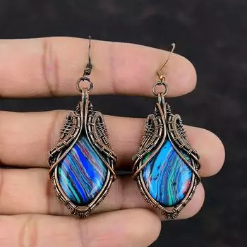 Радужные серьги из кальцинированного кремния, серьги из медной проволоки, серьги ручной работы, уникальный медный дизайн, ювелирные изделия, свадебный подарок, красивые серьги с драгоценными камнями