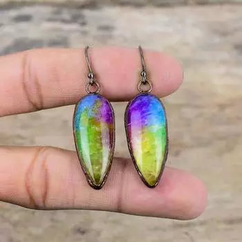 Радужные солнечные кварцевые серьги-друзы, медные серьги, полученные гальваническим способом, серьги с драгоценными камнями, серьги ручной работы, гальванические медные ювелирные изделия, подарок для нее