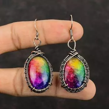 Радужные солнечные кварцевые серьги-друзы, серьги из медной проволоки, серьги ручной работы, ювелирные изделия из драгоценных камней, висячие серьги, медная проволока, ювелирные изделия, подарок для женщин