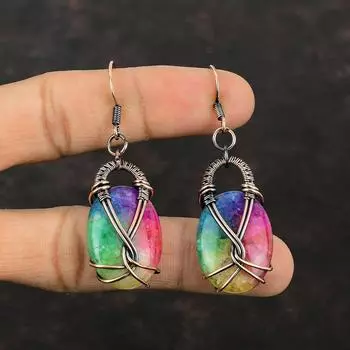 Радужные солнечные кварцевые серьги-друзы, серьги из медной проволоки, серьги ручной работы, ювелирные изделия из медной проволоки, серьги из натурального драгоценного камня, подарок для мамы