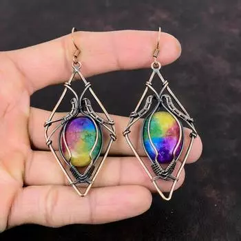 Радужные солнечные кварцевые серьги-друзы, серьги из медной проволоки, серьги ручной работы, красивые медные украшения, серьги с драгоценными камнями, подарки на годовщину