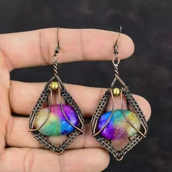 Радужные солнечные кварцевые серьги-друзы, ювелирные изделия из медной проволоки, серьги ручной работы, серьги из медной проволоки, серьги с драгоценными камнями, подарки на годовщину