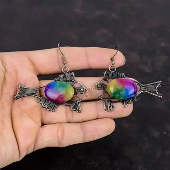 Радужные солнечные кварцевые серьги-друзы, ювелирные изделия из медной проволоки, серьги-рыбы, ювелирные изделия ручной работы, ювелирные изделия из драгоценных камней, серьги из медной проволоки, подарок для мамы