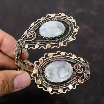 Радужный браслет из лунного камня, медная проволока, браслет-манжета, регулируемый браслет ручной работы, манжета из натурального драгоценного камня, медная проволока, ювелирное изделие, подарок для нее