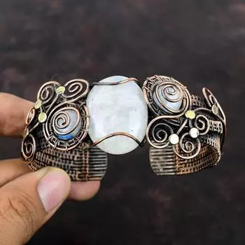 Радужный браслет из лунного камня, медная проволока, браслет-манжета, дизайнерский браслет ручной работы, регулируемая манжета, драгоценный камень, медные украшения, подарок на годовщину