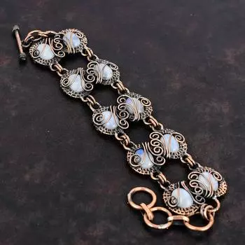 Радужный браслет из лунного камня, обернутый медной проволокой, регулируемый браслет-цепочка, ювелирные изделия из медной проволоки ручной работы, изящный браслет из драгоценных камней, подарки для нее