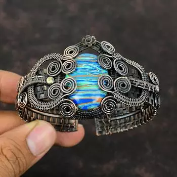 Радужный браслет-манжета из кальцинированного кремния, медная проволока, браслет с драгоценными камнями, ювелирные изделия ручной работы, регулируемый браслет-манжета, медные украшения, подарок на помолвку