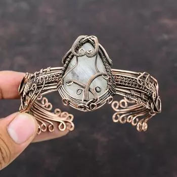 Радужный браслет-манжета из лунного камня, браслет из драгоценного камня, медная проволока, обернутые ювелирные изделия, регулируемый браслет-манжета, ювелирные изделия ручной работы, медный браслет для подарка