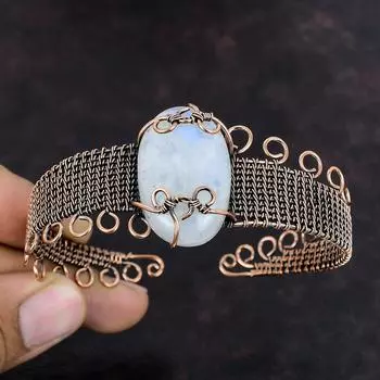 Радужный браслет-манжета с лунным камнем, браслет из медной проволоки, медные ювелирные изделия, драгоценный камень, регулируемый браслет, браслет ручной работы, ювелирное изделие, подарок для нее