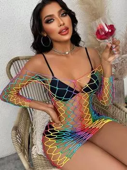 Радужный цвет облегающее платье женское обтягивающее нижнее белье женское эротическое сетчатое ажурное прозрачное короткое платье сексуальная перспективная ночная рубашка XS