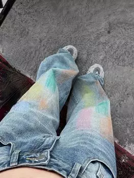 Радужный дизайн с принтом, ретро широкие джинсы, женские элегантные свободные прямые брюки с высокой талией, корейские модные повседневные брюки S синий