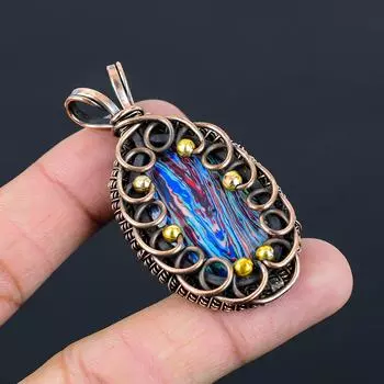Радужный драгоценный камень Калсилика Чистая медная проволока обернутая подвеска ювелирных изделий ручной работы для подарка 2.36 Inches синий